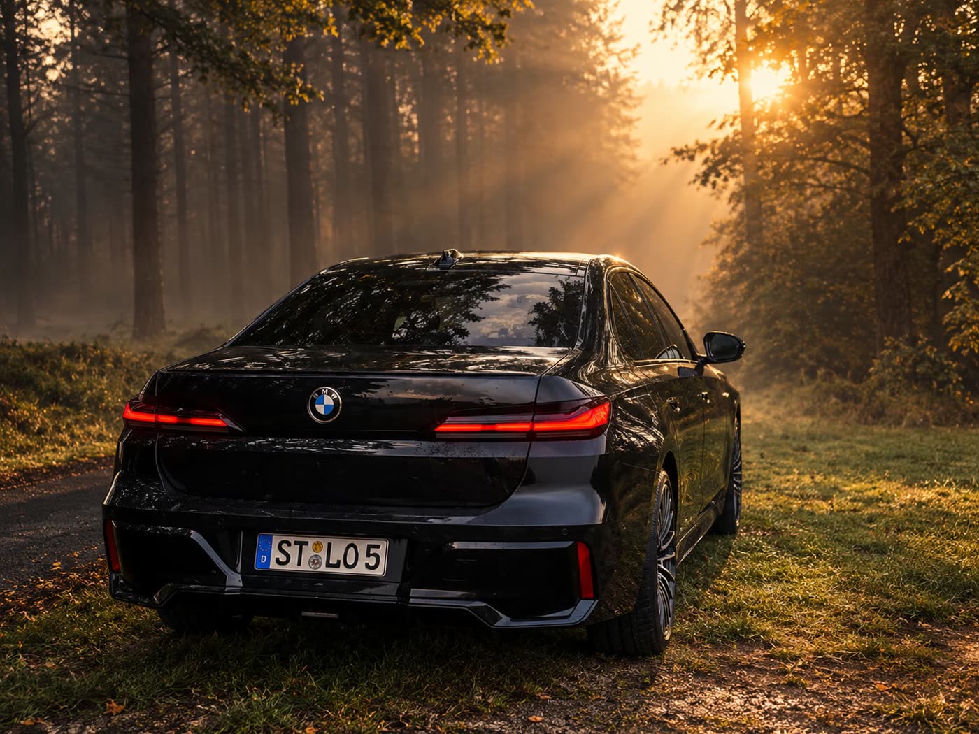 Schwarzer BMW 7er von Taxi Osterhaus im Morgenlicht